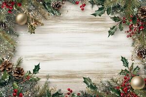 A festive Christmas frame featuring pine branches, holly leaves, red berries, pine cones, and gold ornaments, set against a rustic wooden background. Christmas texture background. photo