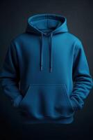 A plain blue color hoodie mockup against a dark background, featuring a front pocket and drawstrings. Sweatshirt with hood long sleeve for print. photo