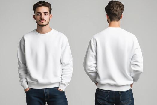 Two men in white sweatshirts mock up on gray background photo
