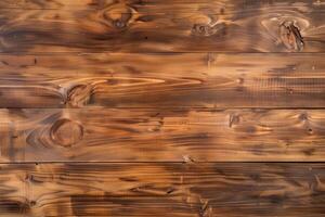 Rustic wooden planks with rich brown tones and natural grain patterns. The texture showcases knots and variations in color, creating a warm and inviting appearance. photo