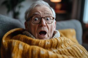 An older man with glasses and a blanket is surprised photo