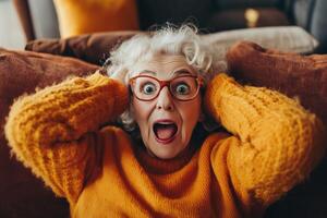 An older woman with glasses and an orange sweater is surprised photo