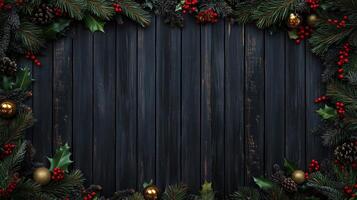 A festive Christmas background featuring a dark wooden surface framed with pine branches, holly leaves, red berries, and decorative ornaments like gold and red balls. Christmas texture background. photo