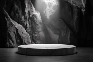 A minimalist stage for product with a round marble platform set against a textured rock wall, illuminated by a soft light from above, creating a dramatic atmosphere. photo