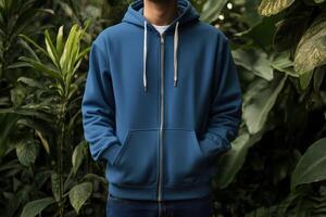 A man wearing a blue hoodie in front of plants photo