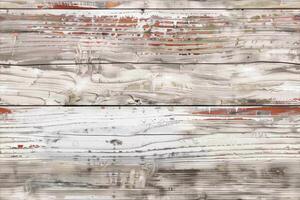 A textured wooden surface with a mix of white, gray, and hints of red paint. The wood has a weathered appearance, showcasing natural grain patterns and brush strokes. photo