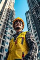 A man in a yellow vest and safety glasses standing in front of tall buildings photo