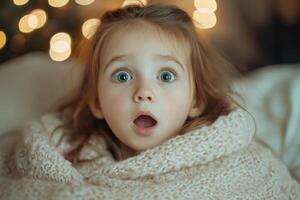 A young girl is looking surprised while wrapped in a blanket photo