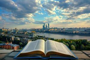 A large open book in the foreground with a panoramic view of a city skyline featuring modern skyscrapers and a river. The sky is filled with clouds, creating a dramatic backdrop. photo