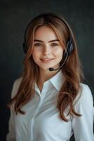Portrait of a beautiful young woman wearing headset and smiling photo
