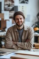 A smiling young man designer with a beard wearing a beanie and a casual jacket, sitting at a desk in a creative workspace filled with papers and design materials. photo