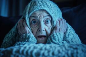 An old woman is covered in a blanket and looking scared photo