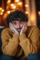 A man in a yellow sweater is sitting on a couch photo