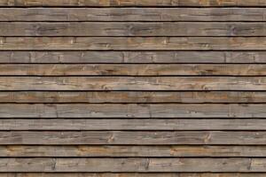 Rustic wooden siding panel wall made of horizontal planks. The wood has a weathered appearance with natural textures and variations in color, showcasing shades of brown and gray. photo