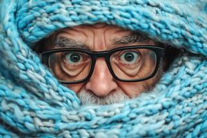A man with glasses and a beard is wrapped in a blue blanket photo