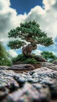 Bonsai tree on rocks in front of a blue sky photo