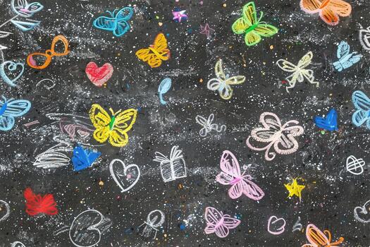 A chalkboard with many colorful butterflies and hearts photo