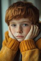 A young boy with red hair sitting on a chair photo