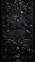 An intricate black and gold floral design featuring ornate swirls and leaves, creating a luxurious and elegant pattern. photo