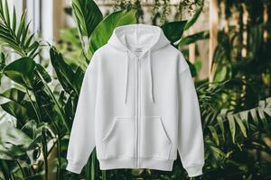 A white hoodie is hanging on a plant photo