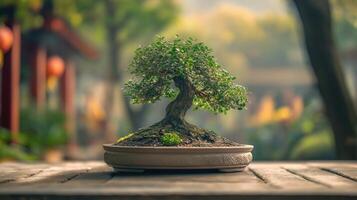 A beautifully crafted bonsai tree in a decorative pot, placed on a wooden table. The background features a serene garden with soft, blurred greenery and warm lighting, creating a tranquil atmosphere. photo