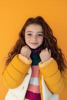 A girl with curly hair wearing a yellow jacket and a striped sweater photo