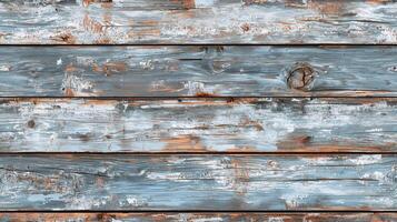 Weathered wooden planks with a blue and brown color scheme. The surface shows signs of aging, with peeling paint and rough textures, creating a rustic appearance. photo