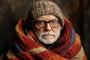 An old man with glasses and a scarf wrapped around his head photo