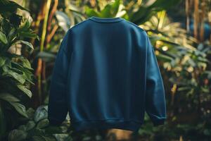 A blue sweatshirt hanging in front of plants photo