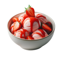 Refreshing strawberry ice cream scoops in a bowl with strawberries and sauce png