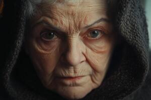 An older woman with a hood on her head photo