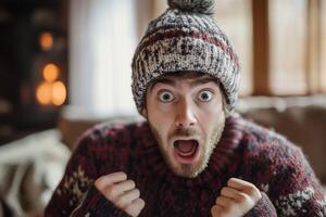 A man in a knitted sweater and hat is making a surprised face photo