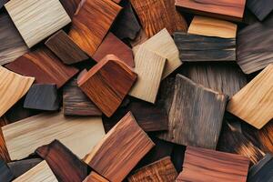 Various wooden blocks in different shades and textures, arranged randomly. The blocks display a range of natural wood colors from light beige to dark brown, highlighting the grain patterns. photo