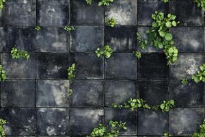 Seamless checkerboard pattern made of dark tiles, interspersed with vibrant green plants growing in the gaps. photo