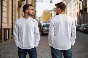 Two men standing on a street wearing white long - sleeved t - shirts mockup photo