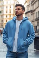 Man in blue hoodie and jeans standing on street photo