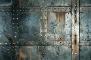 Seamless textured metal wall with rust and rivets, showcasing a mix of blue and gray tones. The surface features scratches, dents, and weathered patches, giving it an industrial and aged appearance. photo