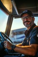 A man in a truck driving with a smile photo