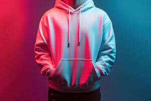 A man in a hoodie standing in front of a colorful background photo