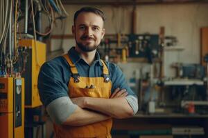 A man in an apron standing in front of a workshop photo