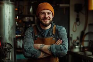 A man with tattoos and a beanie is standing in a workshop photo