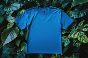 Blue t - shirt mockup on a green background photo