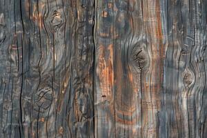 Weathered grain wooden planks with a dark, charred appearance. The texture showcases deep grooves, knots, and variations in color, highlighting the natural beauty of aged wood. photo