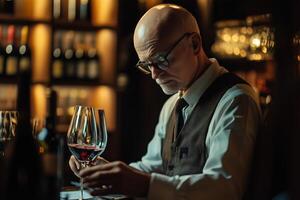 A sophisticated older sommelier man in a vest and glasses examines a glass of red wine in a dimly lit wine bar, surrounded by shelves of wine bottles. photo