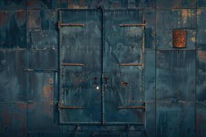 A weathered blue metal door with rust and peeling paint, featuring multiple bolts and a circular lock. The door is set against a textured blue metal wall, showcasing signs of age and wear. photo
