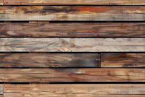 Wooden panel wall featuring various shades of brown and gray. The planks are arranged horizontally, showcasing natural wood grain patterns and textures. photo