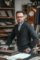 A man in a suit standing in front of a table with various leather goods photo