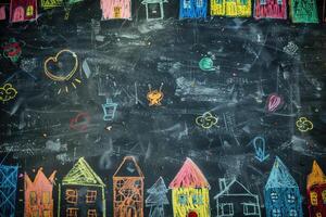 A chalk drawing of houses on a blackboard photo