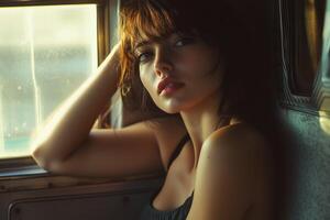 A woman sitting on a bus photo