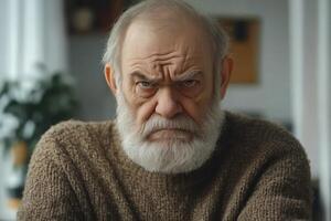 An old man with a beard looks angry photo